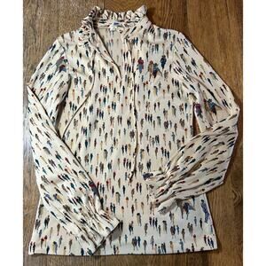 Vintage Mardi Modes NYC Tan Blouse People Strolling Ruffle Neck + Tie Sz 10